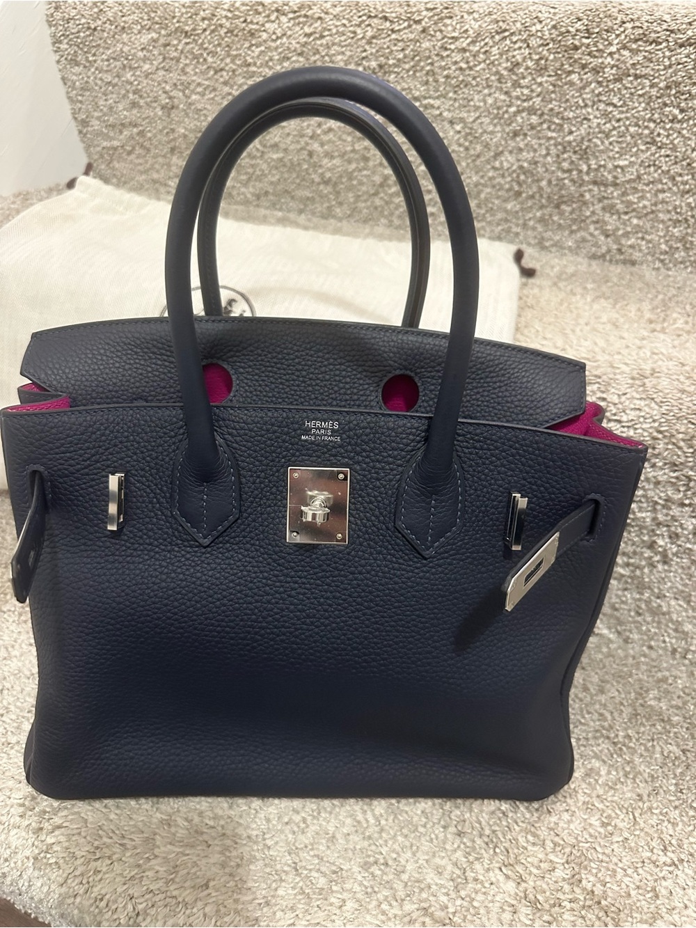 Hermes Blue Leather Birkin with Pink Interior RARE